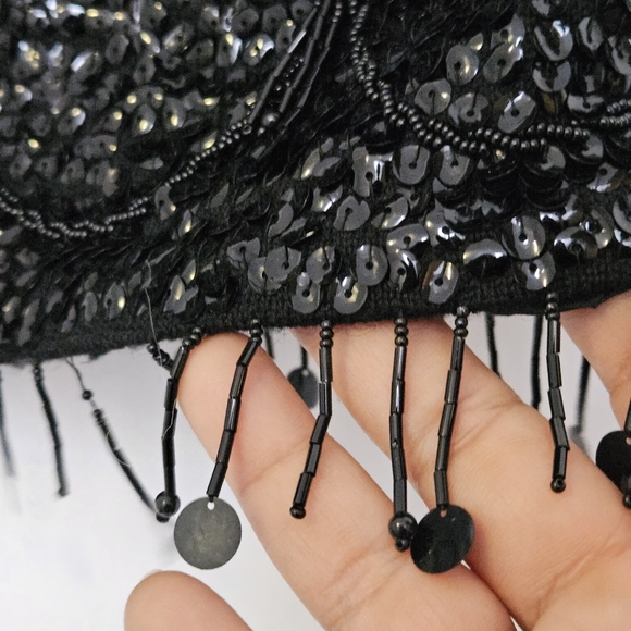 Vintage Sz Small Hand Beaded 100% Wool Boat Neck Whimsical Black Sequin Blouse - Picture 15 of 15